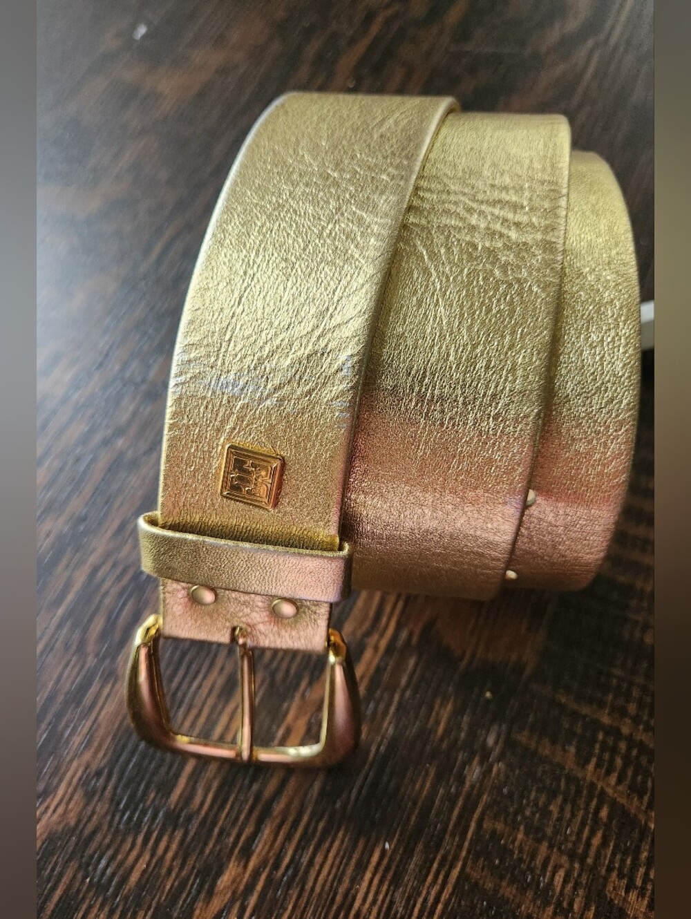 Metallic Gold Leather Ladies Belt 33 inches EUC $28